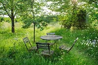 Vintage folding garden table and chairs beside grass path in wild garden with oxeye daisies and cherry trees - The Mill House, Little Sampford, Essex