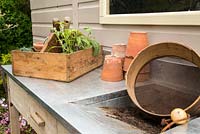 Potting bench and assorted gardening tools