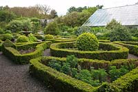 Pond, fountain, box hedges and topiary in the Elizabethen Knot Garden at Dalemain House 