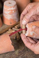 Step by step -  Making a decoration from small terracotta pots to hang inside hazel wigwam