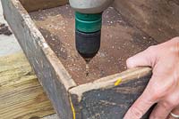 Step by step - Planting old wooden box container with Thymus green/yellow and Thymus serpyllum coccineus