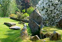 Rhododendron 'Loder's White' by the prehistoric burial chamber at Crarae Garden, Scotland