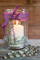 Decorative display of Glass candle with Heather