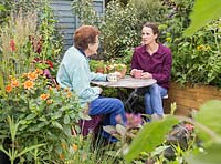 Mixed generations drinking tea in a small urban garden