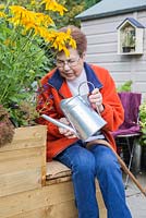 Elderly disabled woman watering Rudbeckia 'Prairie Sun'