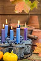 Candle display in metal pots filled with Sloe berries. Prunus spinosa