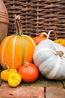 Colourful ribbons wrapped around pumpkins