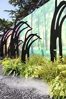 Planting includes Blechnum spicant, Epimedium rubrum, Cenolophium denudatum and Santolina chamaecyparissus 'Lemon Fizz'. 'Desolation to Regeneration'. RHS Hampton Court Flower Show 2013. 