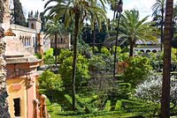 Overlooking The Ladies Garden and The Abode Garden from the Galer­a del Grutesco at the Real Alcazar, Seville, Andalusia, Spain