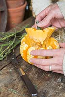 Removing middle section of pumpkin to create bird feeder 