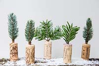 Miniature christmas trees made using wine corks