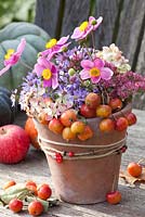 Autumnal arrangement with Malus, Aster laevis Calliope, Anemone hupehensis Splendens and Sedum Herbstfreude