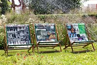 Sprinkling water over three Garden chairs with colour prints.