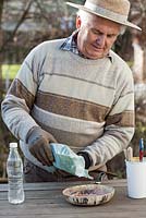Treating fungus on a cherry tree. Man prepares fungicidal coating. Step by step.