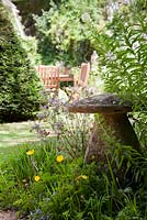 Garden view with a stone toadstool