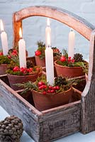 Candles in decorated terracotta pots with moss and berries in wooden trug.