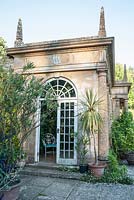 Orangery at the end of the Fountain Court, built in 1968. Mapperton House, Beaminster, Dorset, UK