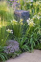 Border planted with Agapanthus africanus and Stipa tenuissima, with granite pillar. Hope on the Horizon. 