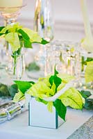 Christmas table setting in white and lime green  with candles and Poinsettia 'Christmas Feelings White' in mirrored container