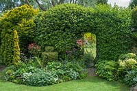 Immaculate small garden with neatly trimmed shrubs and mirror set within hedge to imply an opening. Taxus baccata 'Fastigiata Aureomarginata', topiary box, brunnera, berberis, alliums, hellebores, hardy geraniums, epimedium.