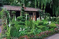 The Topiarist Garden at West Green House, brick potting shed, spiral topiary, lupins   