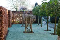 Winter garden in frost - beautiful oak tripod for climbing plants and standard portuguese laurels in the old garden. 