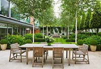 Limestone patio with dining table and chairs, Betula jacquemontii and lawn - The Glass House, Petersham - Architects Terry Farrell Partners - Garden design by Sallis Chandler