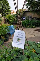 Sign saying - Please do not steal the vegetables - attached to pea sticks in St Mary's Secret Garden, a community garden in the London Borough of Hackney.