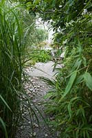 Glimpse through to seating area framed with bamboo and miscanthus. Parc-Lamp, Ruan Lanihorne, Truro, Cornwall, UK