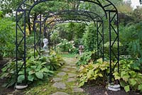 Lysimachia nummularia 'Aurea' - Flagstone path with golden creeping 'Jenny'  through a black wrought iron arbour in backyard garden in autumn. 