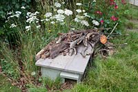 Hedgehog Street, wooden hedgehog house. The planting is dense and allows wildlife to hide and feel safe - Designer: Tracy Foster - Sponsors: People's Trust for endangered species PTES, British Hedgehog Preservation Society BHPS