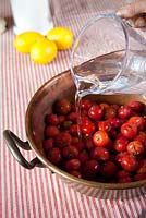 Making rosehip jam. Add water to the hips 
