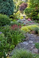 View of the garden with stone pathway through borders of ornamental grasses, perennials and evergreens. Hakonechloa macra 'Aureola', Astilbe.