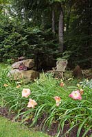 Hemerocallis - daylilies, ceramic birdhouse on stacked rocks and a khaki coloured wicker rocking chair in summer