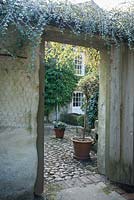 View through doorway to back of house clothed with evergreens, pots of standard euonymus and rhododendron. Bosvigo, Truro, Cornwall, UK