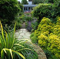 Garden with Iris pseudacorus Variegata, circular courtyard, tall outcrops wisteria each side. Beyond valerian, catmint and geranium.