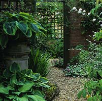 A tall mirror reflects the trellis and pergola opposite, creating an illusion of a long view, making the 16 metre square garden seem longer. Left side: hostas in old chimney pots.