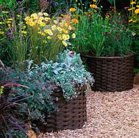Woven willow planters of grasses, herbs and flowering perennials that attract wildlife. Natural products create habitats for insects and birds.