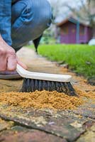 Using a hand brush gently brush and fill in the cracks between the bricks with coarse grit sand.