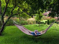 7-year-old child reads in a hammock strung between two old apple trees in the orchard.
