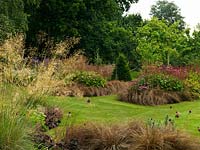 Rectangular borders of Stipa gigantea, drumstick allium, Carex testacea, Verbena bonariensis, Persicaria amplexicaulis Firetail, Echinacea purpurea, Deschampsia cespitosa Goldtau, Calamagrostis x acutiflora Karl Foerster.