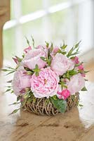 Pink roses in a basket arrangement. Rosa 'Rosalind'. Cut flower roses bred by David Austin Roses