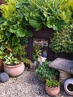 A small mirror is tucked beneath ivy, fern and bergenia, reflecting adjacent pots of fern and hosta, making a confined area seem more spacious by creating an apparent view.