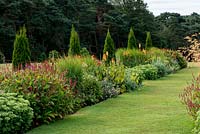 Grass path runs between long twin herbaceous borders with repeated miscanthus, stipa and Thuja occidentalis 'Smaragd' conifers.