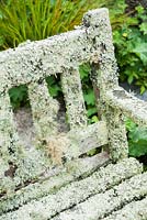 Lichen encrusted bench. Caervallack Farm, nr Helston, Cornwall, UK