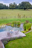 Natural swimming pond with aquatic and marginal planting showing regeneration zone in September.