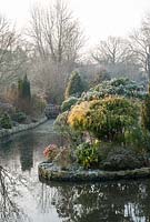 Frosty garden with bridge over pond - Lift the Latch Garden, Somerset