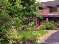 Front garden with shaded lawn -  sunken courtyard edged in phlomis, euonymus, achillea, hebe, Stipa tenuissima, front bed of phormium, euphorbia, foxglove, hydrangea.