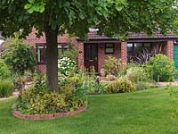 Front garden with shaded lawn.  Sunken courtyard edged in phlomis, euonymus, achillea, hebe. Front bed of phormium, euphorbia, foxglove and hydrangea.