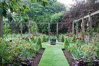 Lawn path leading to a lead planter with Tulipa 'Abu Hassan', pyramids of Buxus sempervirens and pergola with lamps, Heuchera 'Plum Pudding' in foreground - Priory House, Wiltshire